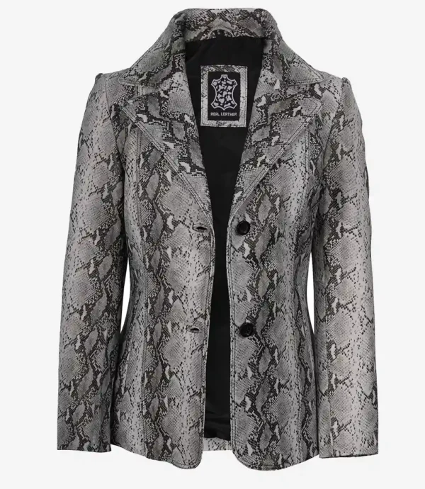 Womens Two Button Snake Pattern Off White Leather Blazer