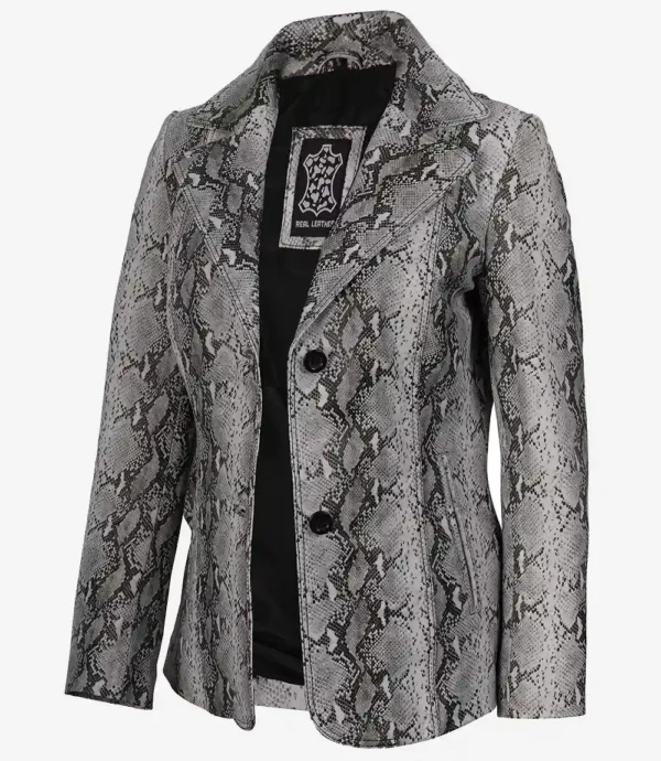 Womens Two Button Snake Pattern Off White Leather Blazer - Image 3