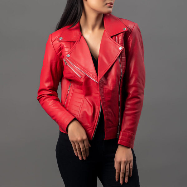 Women Motorcycle Red Leather Byker jacket - Image 4