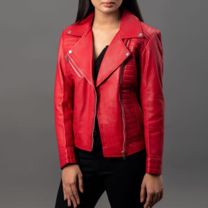 Women Motorcycle Red Leather Byker jacket