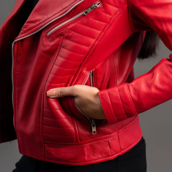 Women Motorcycle Red Leather Byker jacket - Image 3
