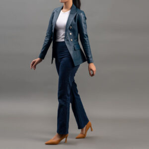 Womens Blue Leather Blazer Jacket Two Button Coat for women