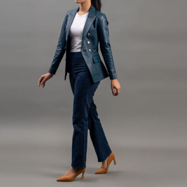 Womens Blue Leather Blazer Jacket Two Button Coat for women