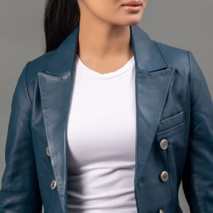 Alternative view of Womens Blue Leather Blazer Jacket Two Button Coat for women